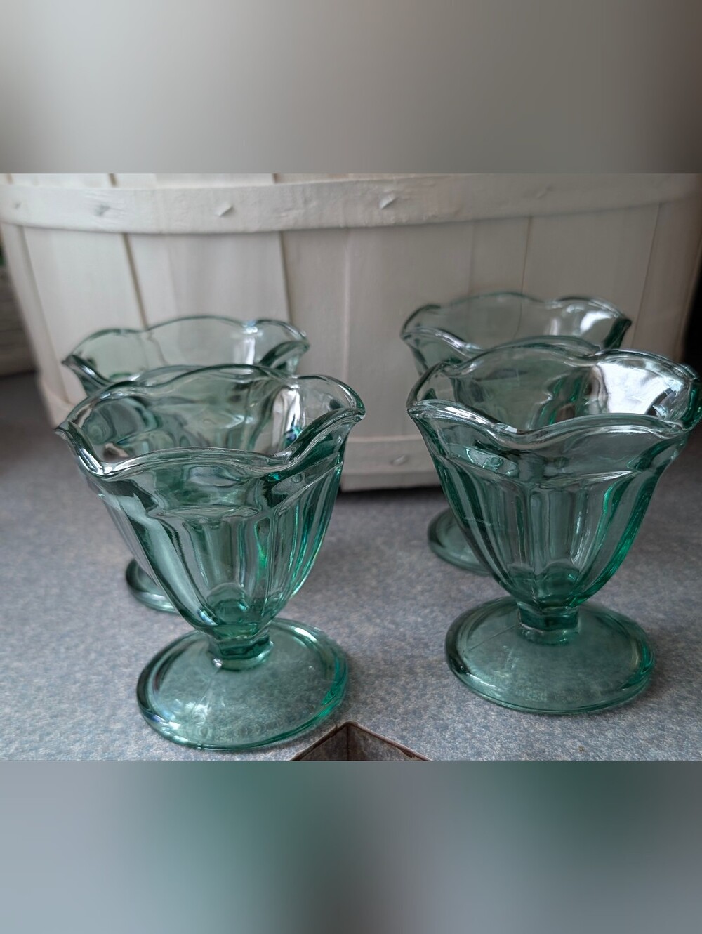 Anchor Hocking "Fountainware" emerald green tulip sundae glasses.
